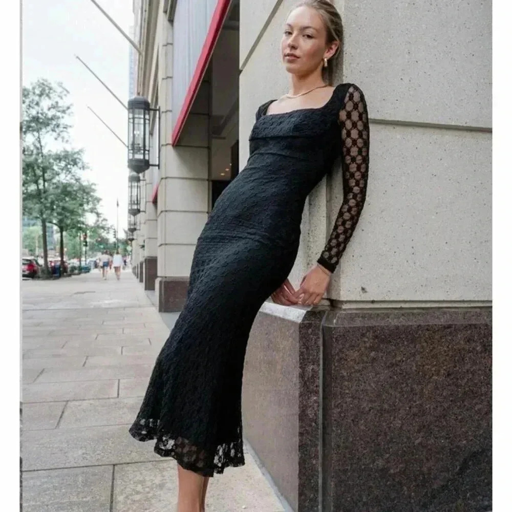 Bardot Black Lace Midi Dress with Sheer Patterned Long Sleeves